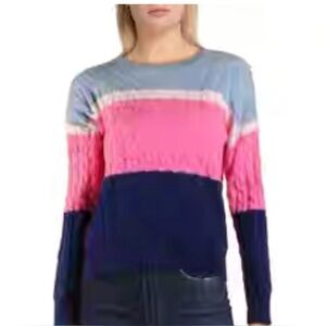 AQUA  CASHMERE COLOR BLOCK CABLE KNIT SWEATER. Size small.
